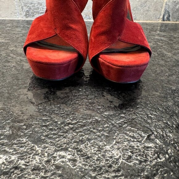 Diane von Furstenberg red suede slingback peep toe heels size 8.5M - Picture 4 of 12